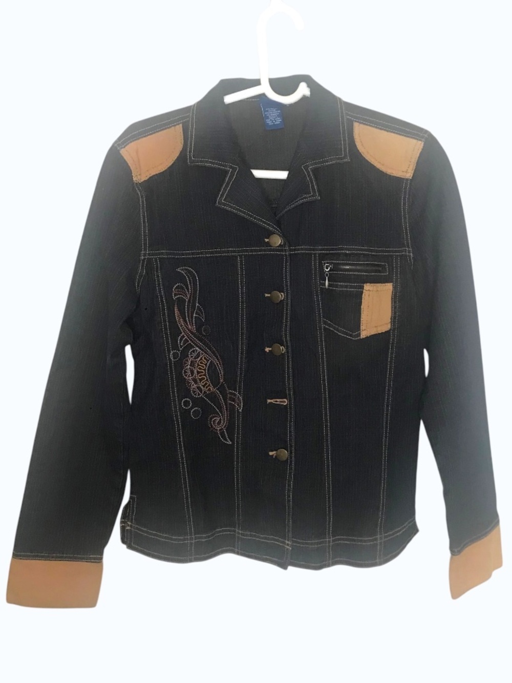 Y2 Blu Vintage Denim Jacket Women Medium Dark Wash Embroidered Western Contrast